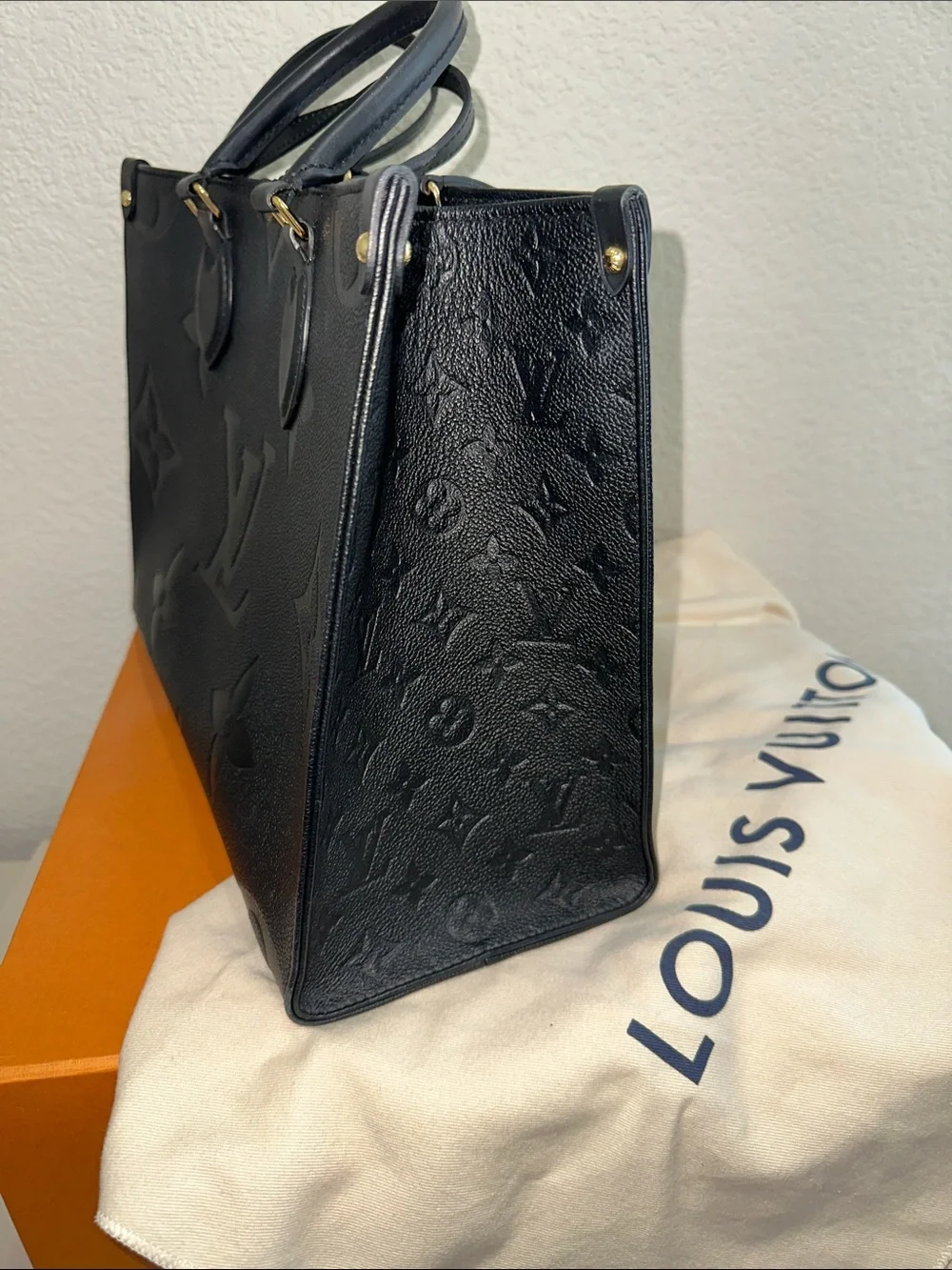 Louis Vuitton Navy Embossed Monogram Tote with Gold Tone Hardware